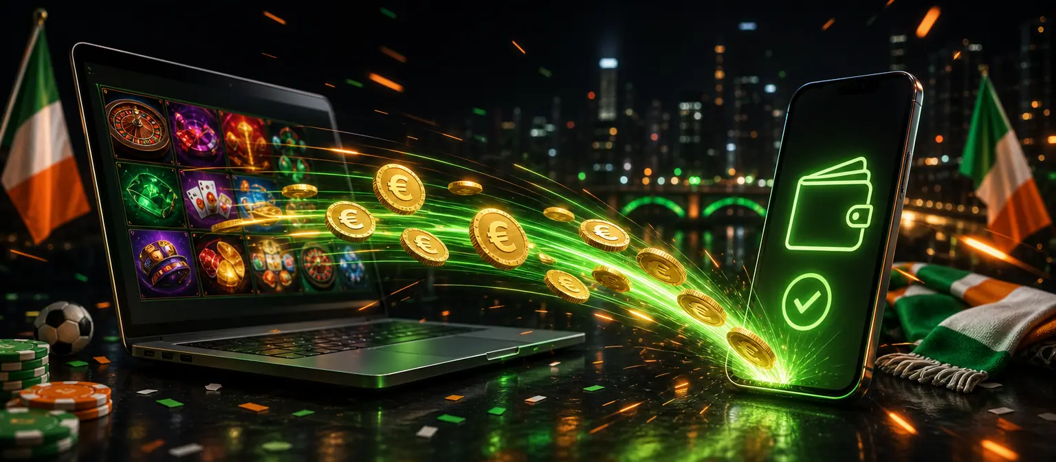 Gold coins racing along a glowing green light track from a laptop casino lobby into a smartphone wallet Gold coins racing along a glowing green light track from a laptop casino lobby into a smartphone wallet