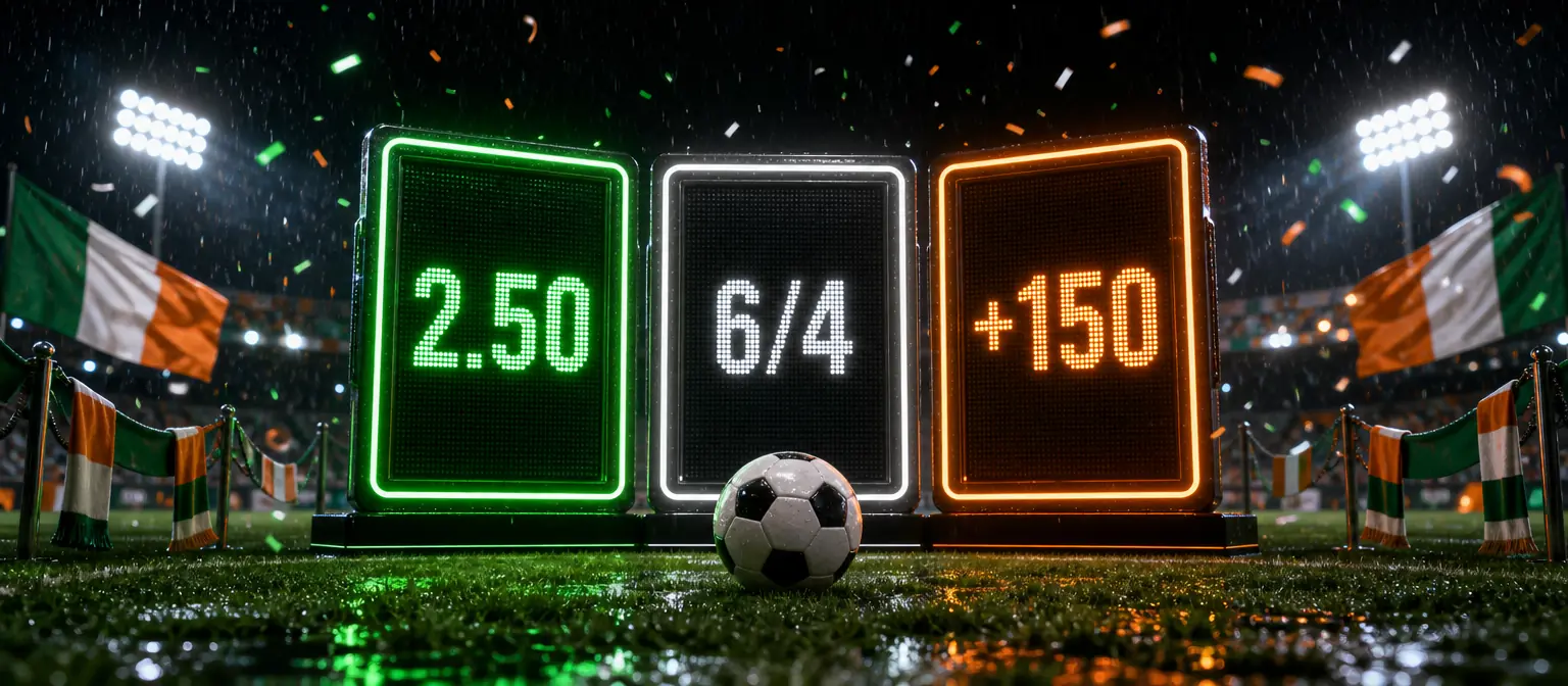 Three glowing scoreboard panels showing the same price as 2.50, 6/4 and +150 above a football on a floodlit pitch Three glowing scoreboard panels showing the same price as 2.50, 6/4 and +150 above a football on a floodlit pitch