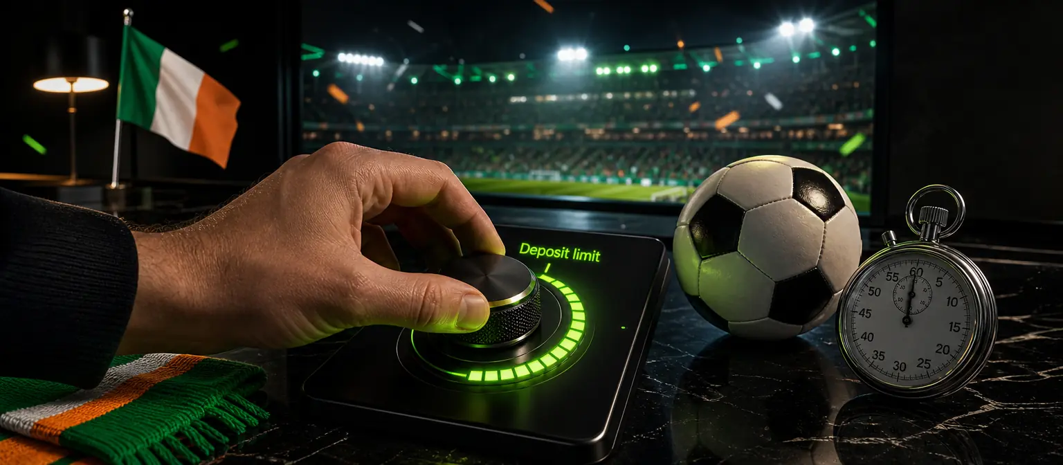 Hand turning a glowing control dial labelled Deposit limit, with a stopwatch and a football beside it Hand turning a glowing control dial labelled Deposit limit, with a stopwatch and a football beside it