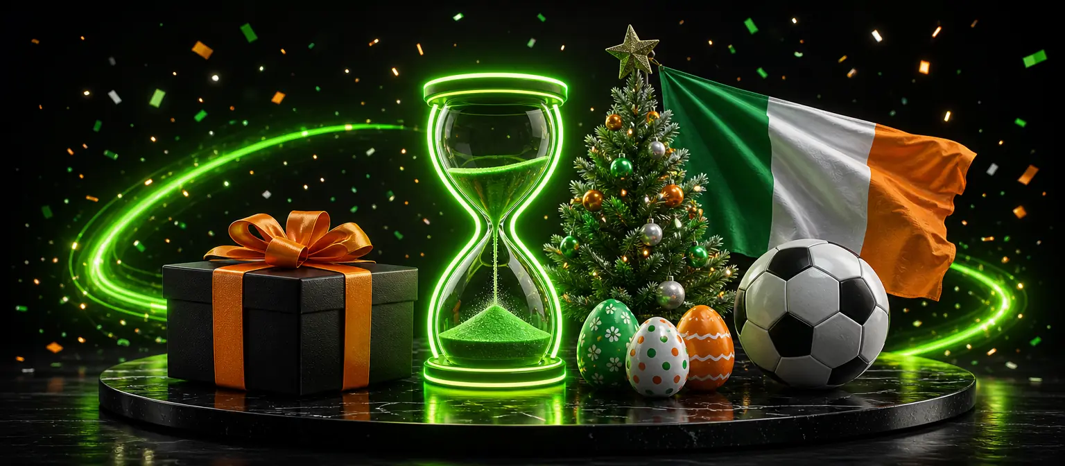 Limited-time offers: a gift box, a small Christmas tree, Easter eggs and a football around a glowing countdown hourglass Limited-time offers: a gift box, a small Christmas tree, Easter eggs and a football around a glowing countdown hourglass