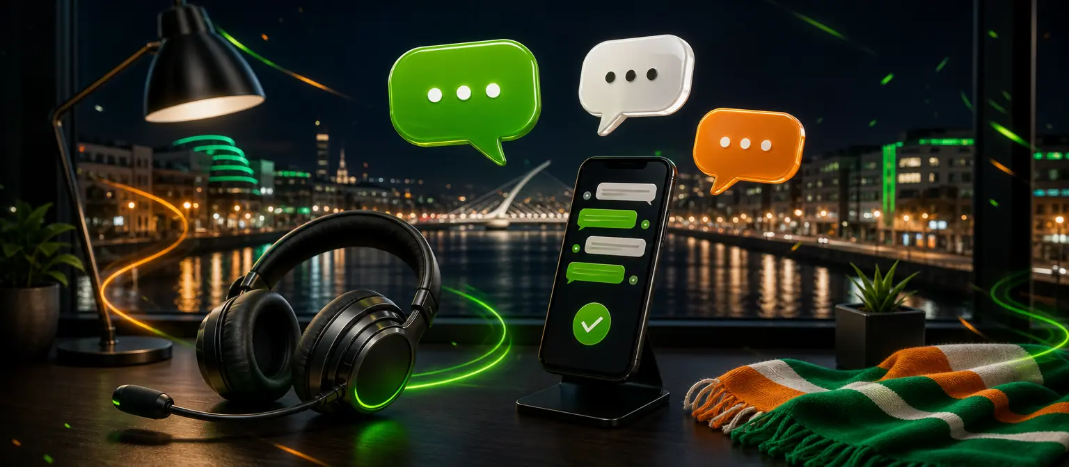 Support desk at night with a headset, a phone showing a chat and floating speech bubbles, the River Liffey glowing behind Support desk at night with a headset, a phone showing a chat and floating speech bubbles, the River Liffey glowing behind