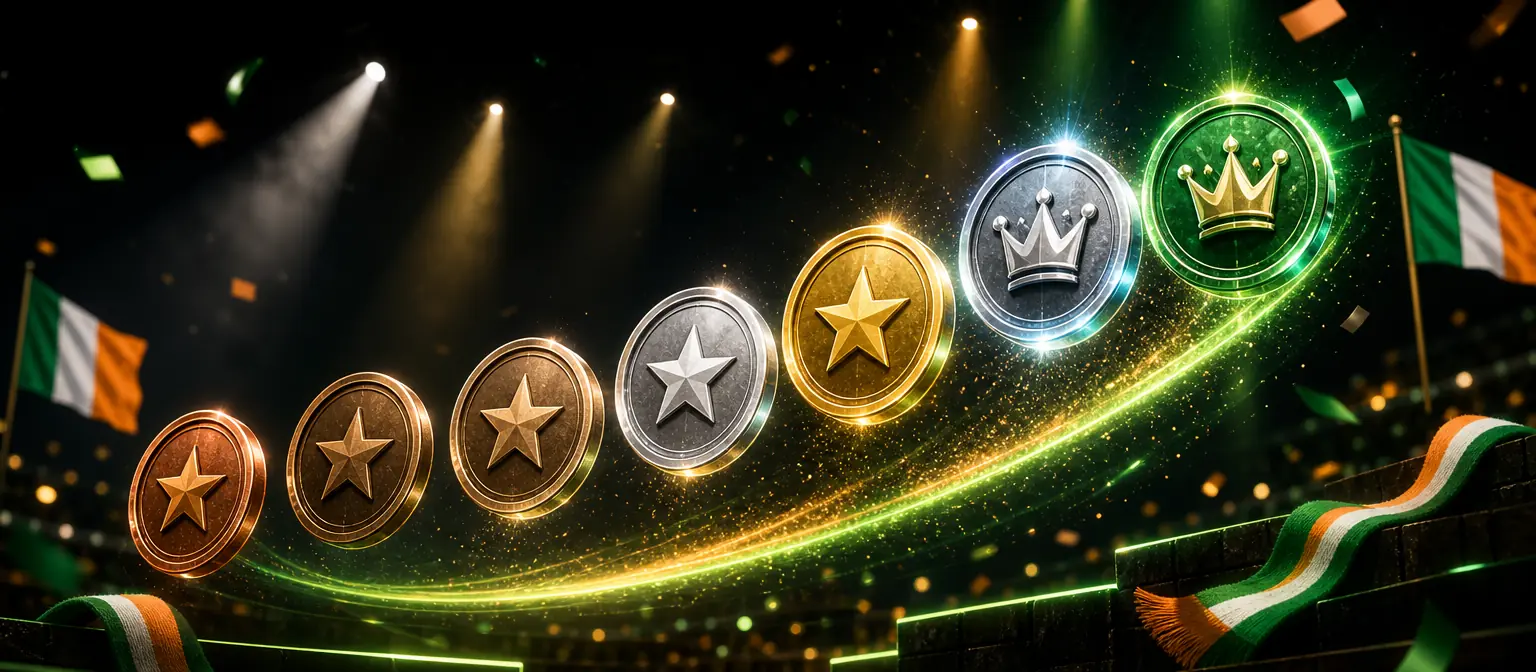 Eight glowing medallions rising in an arc from copper through silver and gold to an emerald top tier Eight glowing medallions rising in an arc from copper through silver and gold to an emerald top tier