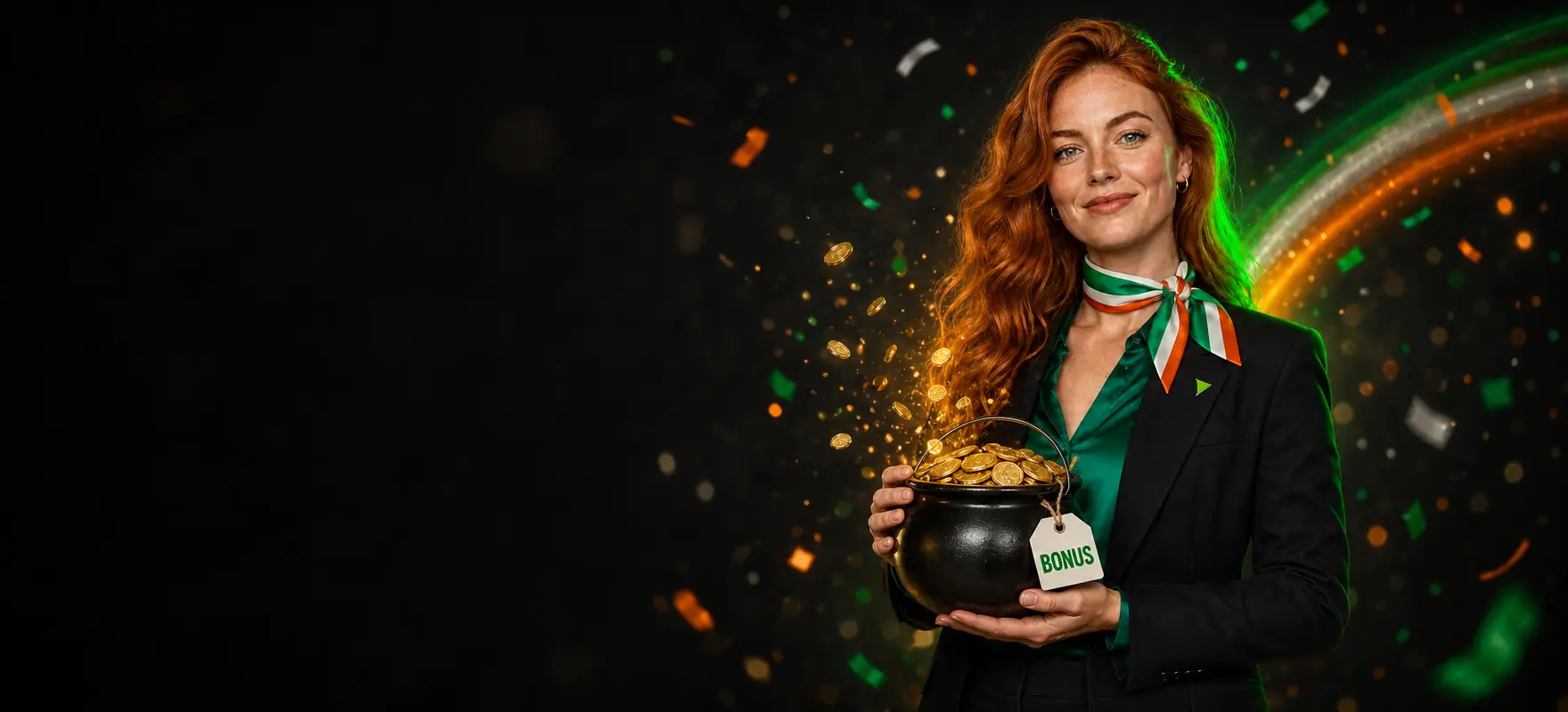 Woman with copper-red hair holding a small black cauldron overflowing with gold coins under a soft rainbow of light, with a tag reading BONUS Woman with copper-red hair holding a small black cauldron overflowing with gold coins under a soft rainbow of light, with a tag reading BONUS