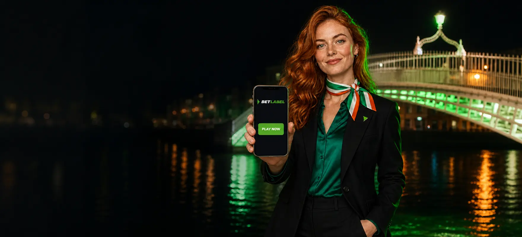 Woman with copper-red hair showing a smartphone with the BetLabel app in front of the Ha'penny Bridge in Dublin at night Woman with copper-red hair showing a smartphone with the BetLabel app in front of the Ha'penny Bridge in Dublin at night