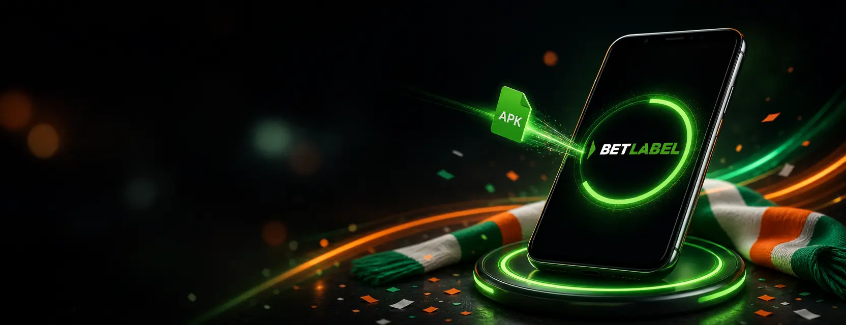 Android phone on a glowing pad installing the BetLabel app, with a file icon labelled APK flying into the screen