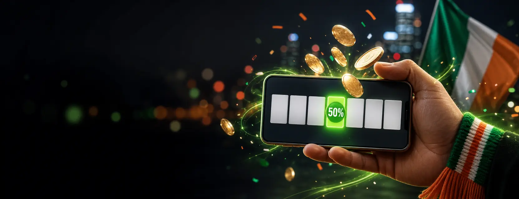 Hand holding a smartphone with a weekly calendar strip where Wednesday glows with a 50% badge