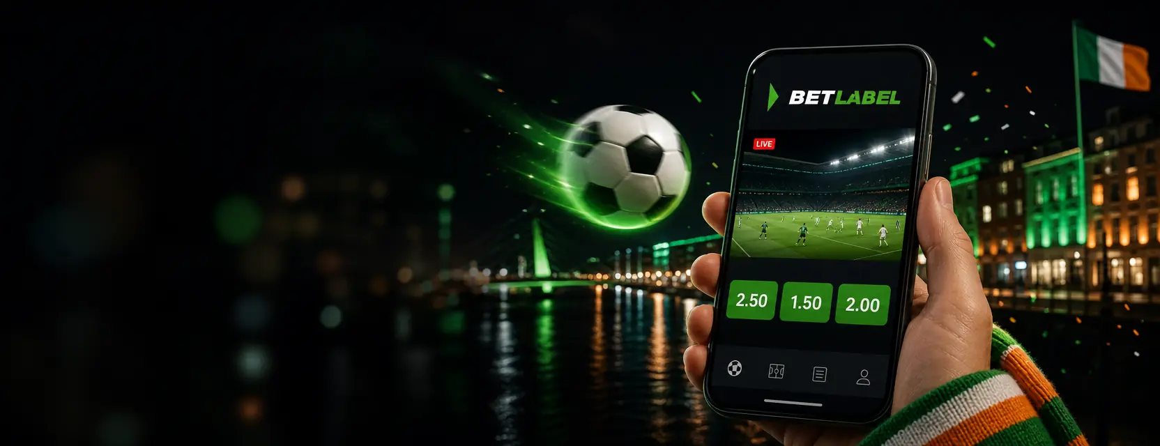 Hand holding a smartphone with the BetLabel app, a live football match and odds of 2.50, 1.50 and 2.00 in front of the River Liffey at night