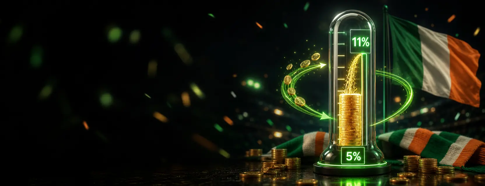 Tall glass meter filling with gold coins from 5% at the bottom to 11% at the top, wrapped by a green return arrow