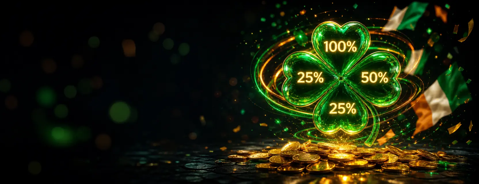 Glowing glass four-leaf clover whose leaves read 100%, 50%, 25% and 25%, floating over a pile of gold coins