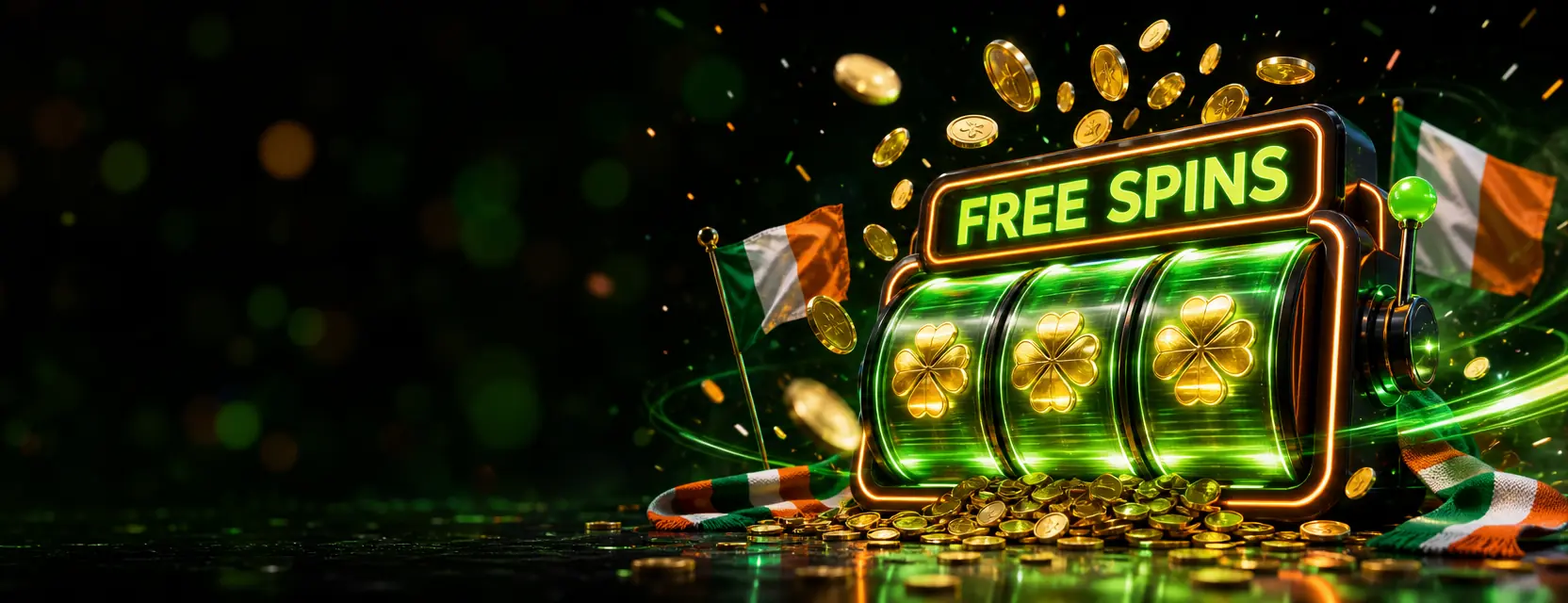 Glowing glass slot reels with golden four-leaf clover symbols under a FREE SPINS sign, with gold coins flying out