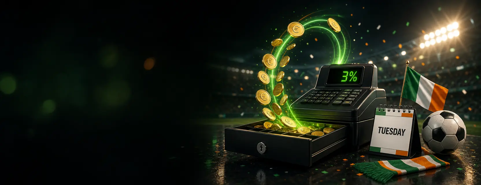 Sleek black cash register with a green 3% display spilling euro coins, next to a desk calendar reading TUESDAY